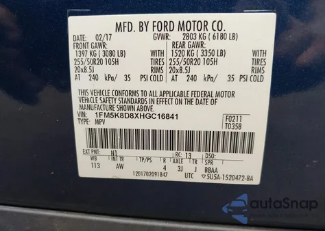 2017 Ford Explorer Xlt from USA, damaged, VIN 1FM5K8D8XHGC16841